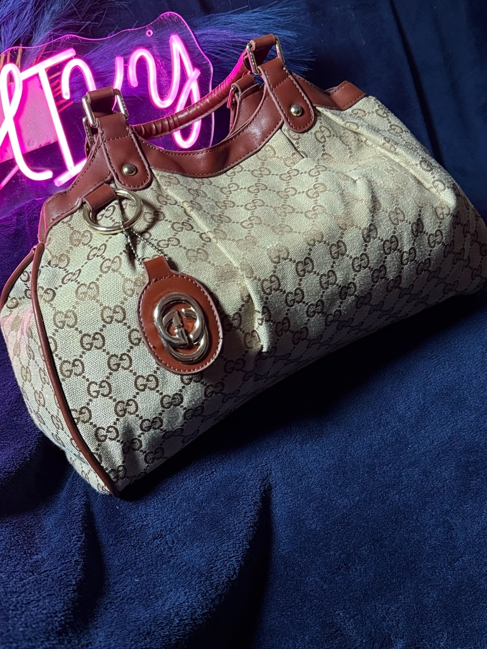 Gucci Beige Monogram Canvas Shoulder Bag with Brown Trim